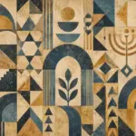 עיצוב גיאומטרי עם קשתות, משולשים ועלים בצבעי כחול, בז' וזהב