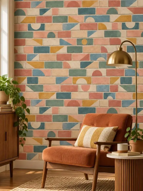 Retro Shapes on Brick Wallpaper