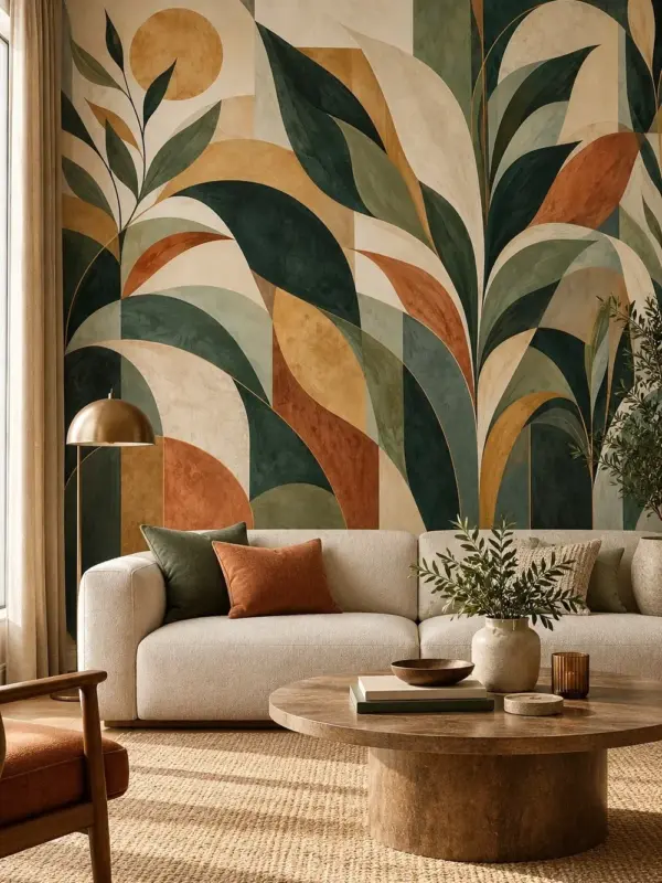 Modern Nature Geometric Leaves & Sun Wall Mural