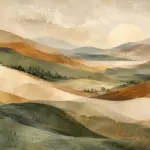 נוף מופשט עם גבעות ירוקות, חומות ובז' וזריחת שמש מאחור