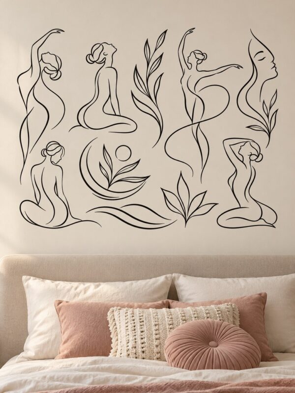 Black Line Art Figures and Leaves Wall Decal