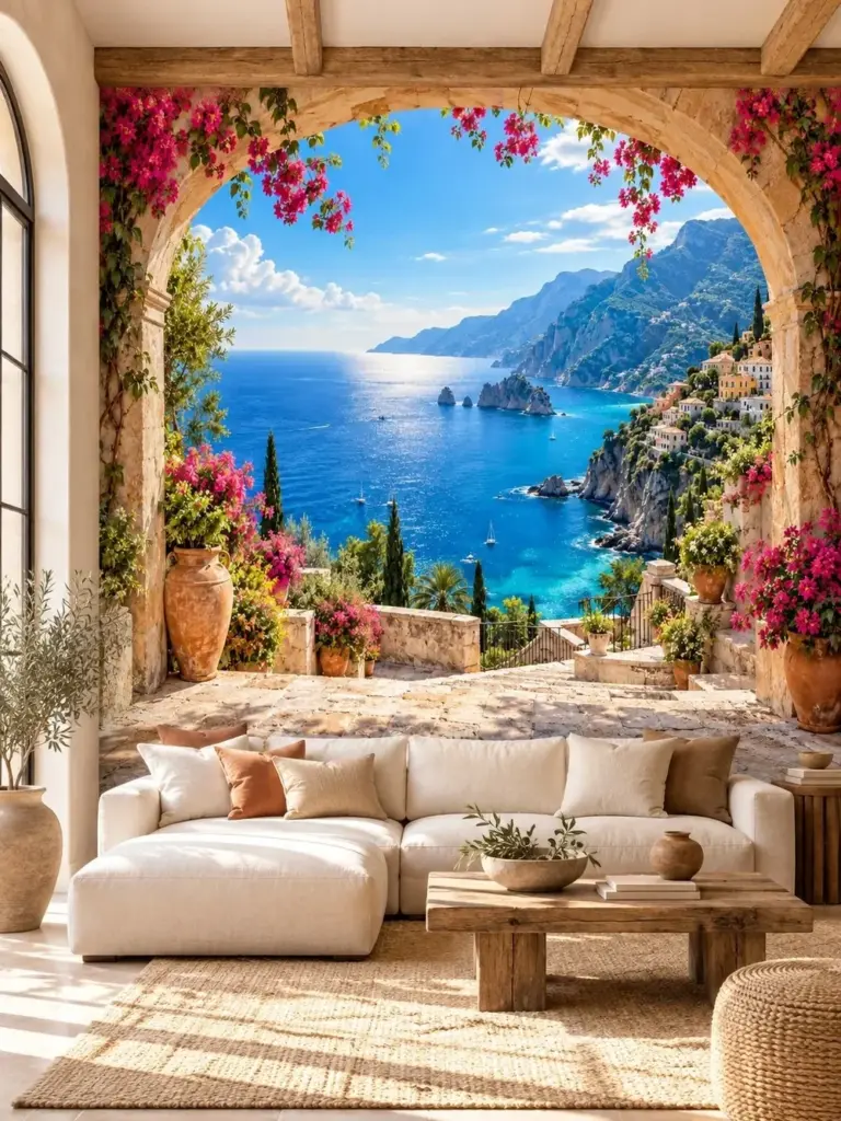 Flowery Coastal Town Wall Mural
