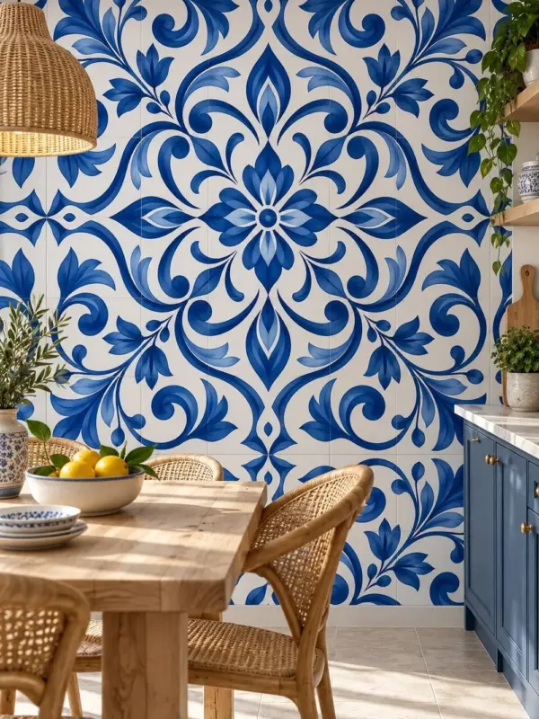 Blue Symmetrical Floral Wallpaper
