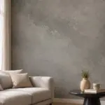 טפט אפור בטון חמים על קיר בסלון עם ספה בהירה ושולחן עץ קטן