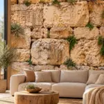 טפט מרקם הכותל המערבי על קיר בסלון עם כורסה ירוקה ושולחן עץ כהה.
