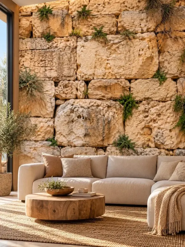 Natural Stone Wall with Greenery Wallpaper