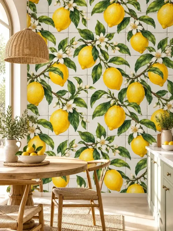Lemon and Sun Tiles Kitchen Wallpaper