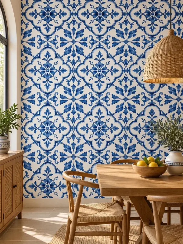 Portuguese Blue Tile Floral Wallpaper