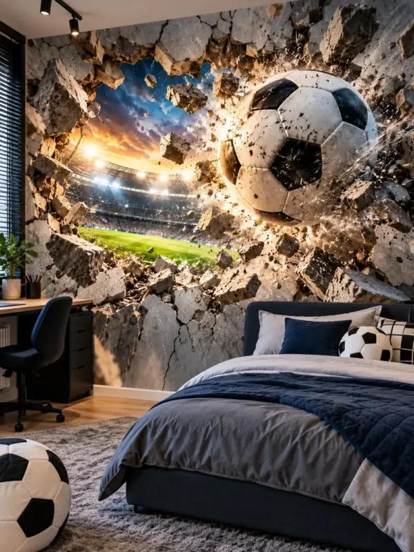 3D Soccer Ball Breaking Through Concrete Wall Mural