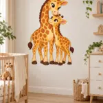 מדבקת ג'ירפות צבעונית על קיר בחדר ילדים, עם מיטה לבנה וצעצועים צבעוניים סביב.