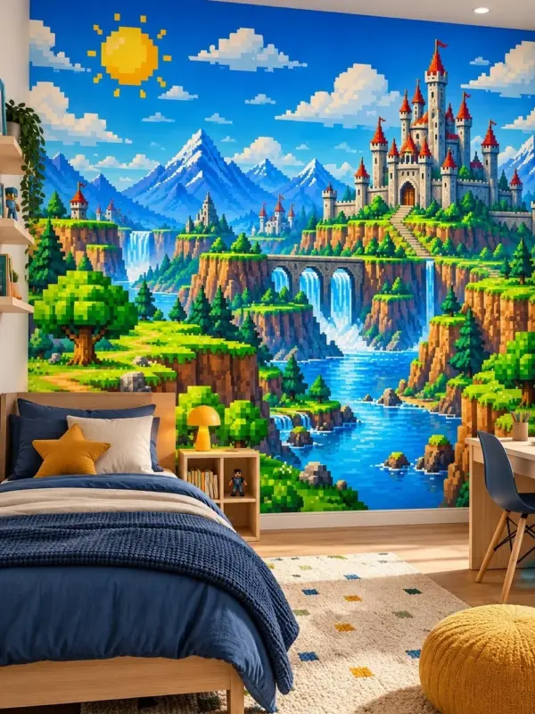 Pixel Art Fantasy Castle Kids Room Wallpaper