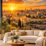 טפט ברק הזהב של ירושלים על קיר בסלון עם ספה אפורה ותאורה חמימה המדגישה את צבעי השקיעה.