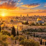 נוף של ירושלים באור שקיעה עם מבנים היסטוריים, צבעים כתומים וכחולים.