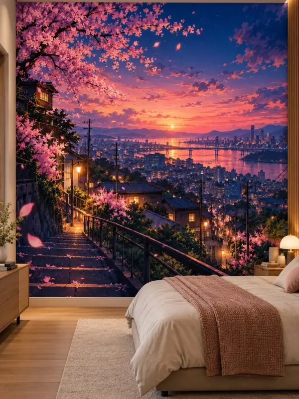 City Sunset with Cherry Blossom Wall Mural