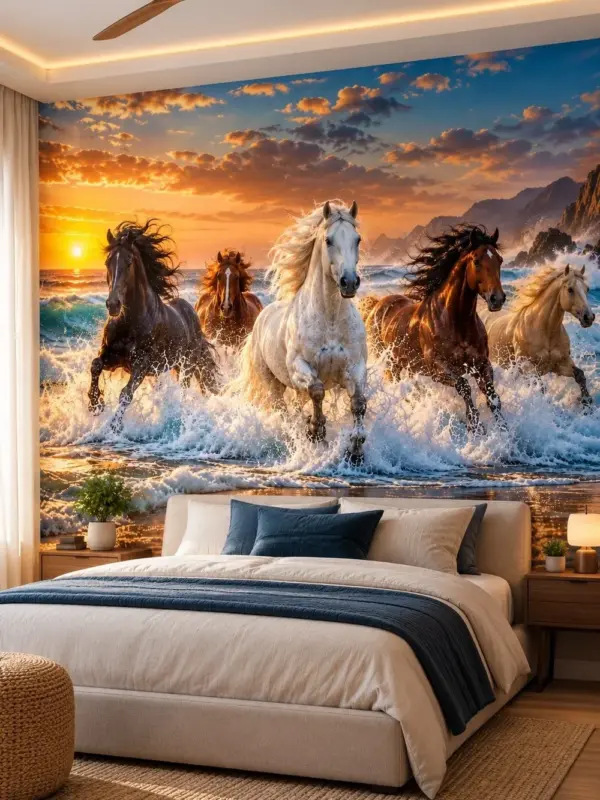 Horses Galloping Through Ocean Waves Wall Mural