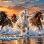 חמישה סוסים דוהרים בגלי אוקיינוס, שמש שוקעת ברקע, גווני כחול וכתום דומיננטיים.