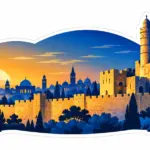 קו רקיע עתיק עם מגדל אבן וחומה בצבעי כחול וכתום על רקע שקיעה