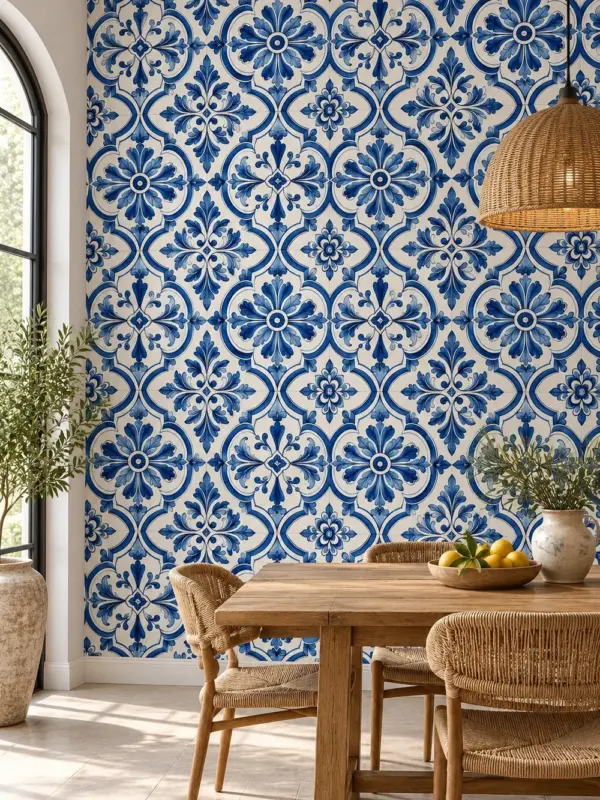 Vintage Blue Floral Mosaic Wallpaper