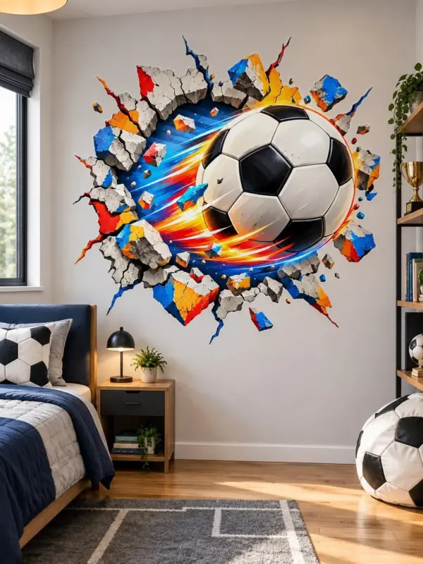 3D Soccer Ball Bursting Through Wall Decal