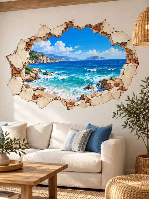 3D Ocean Cliffs Window View Wall Decal