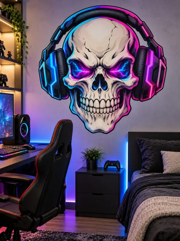 Gamer Skull with Neon Headphones Wall Decal